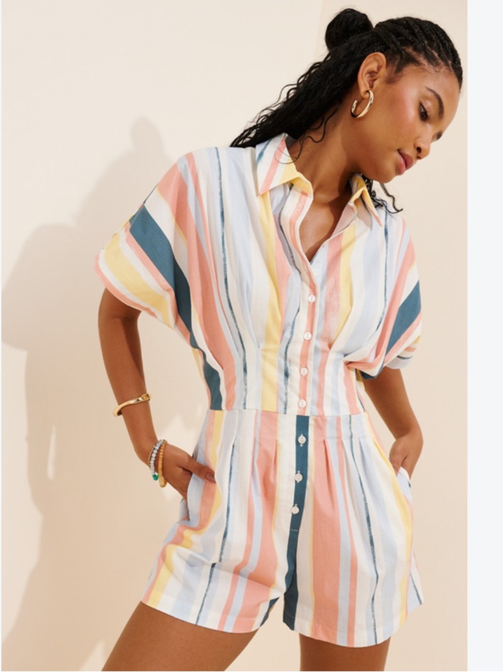 Anthropologie Exquise Romper Tobie Shirting Pleated Waist in Multi Pink Yellow
